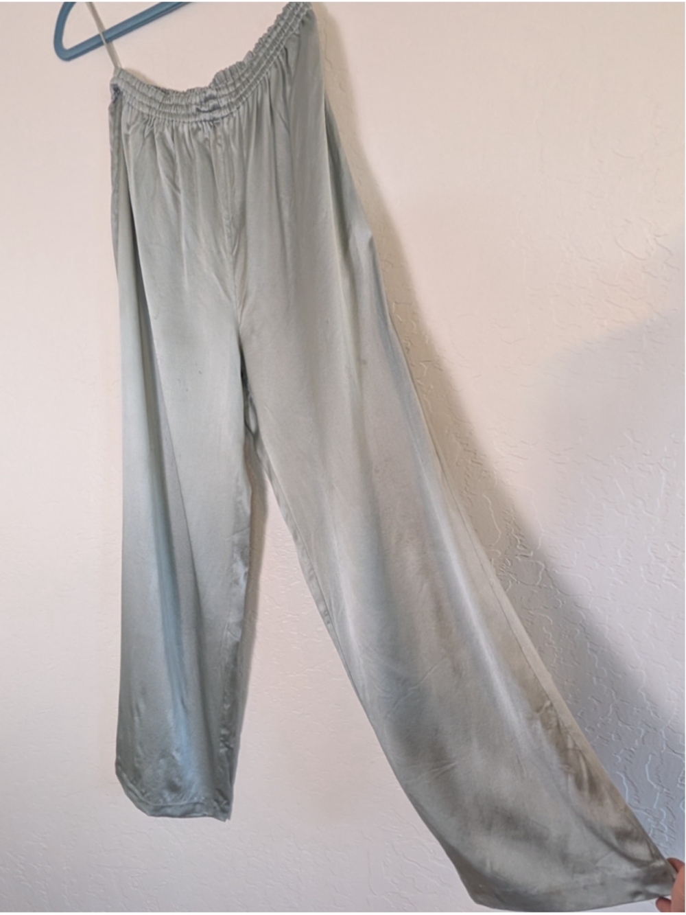Tesori 100% Silk Wide Leg Pants Sage Green Elastic Waist Minimalist Lounge S - Picture 3 of 9